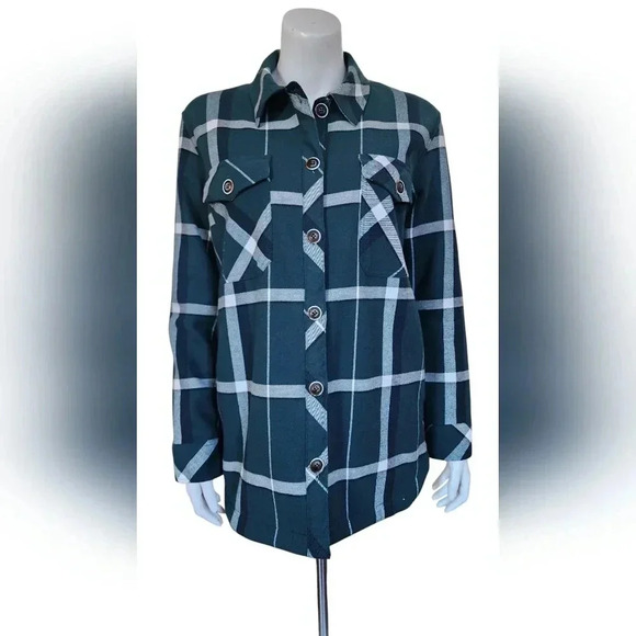 Woods Women's Evelyn Flannel Shacket Relaxed Fit Small Green Plaid - Picture 7 of 16